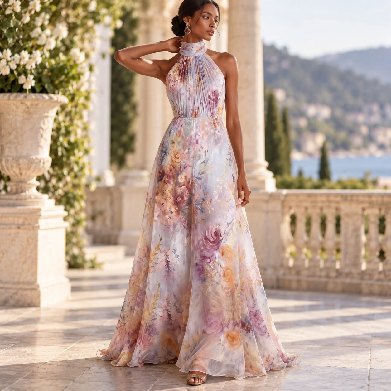 Printed Sleeveless Gown High Waist European and American Style Fitted Halter Neck Evening Dress for Women Spring Maxi Length