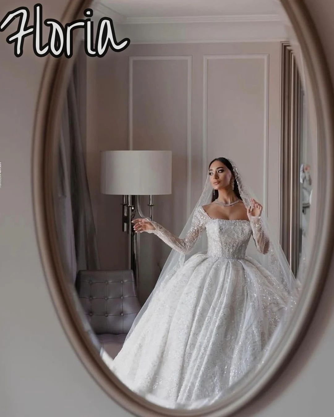 Luksusowe suknie ślubne z Dubaju 2024 dla panny młodej, eleganckie, zdobione koralikami i cekinami, z długimi rękawami, kwadratowym dekoltem, arabskie Vestidos De Novia szyte na miarę