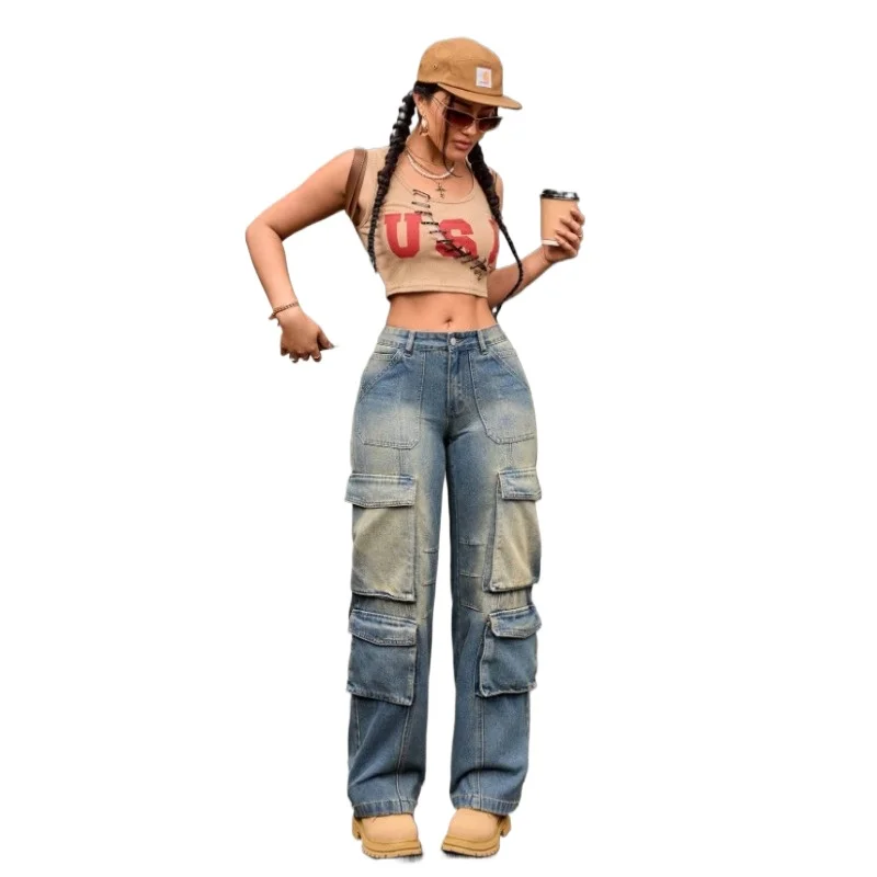 

Cross-border Y2K Heavy Industry Retro Nostalgic Washing Water Street Cargo Hip-hop Multi-pocket Overalls Straight Jeans Trousers