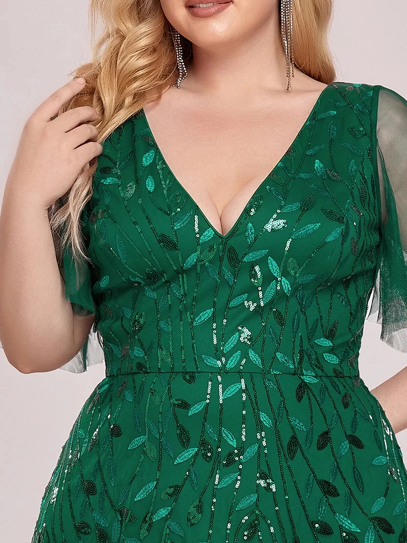 Plus Size Evening Dresses Long A-LINE Deep V-Neck Half Sleeves Floor-Length Gown 2025 Ever Pretty of GauzeDark Green Women Dress