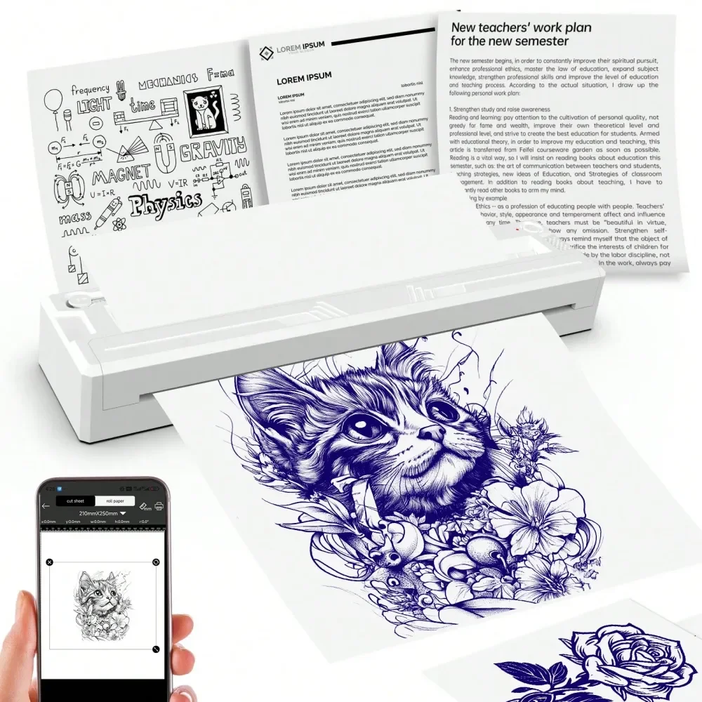 

Portable Tattoo Template Printer 6 Tattoo Transfer Sheets And 6 A4 Thermal Paper Sheets, Suitable For Tattoo Artists And Beginne