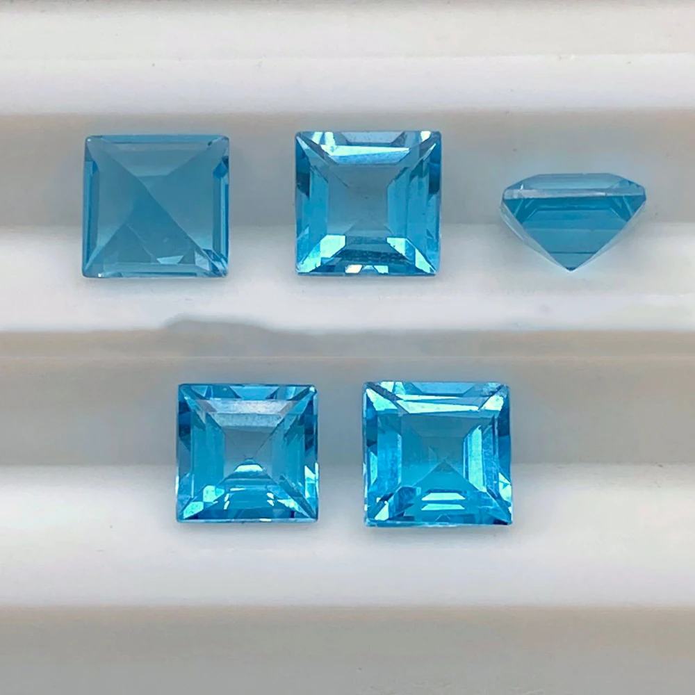 Step Cut Eye Clean Facted Square 8x8mm Real Natural Swiss Blue Topaz 5pcs A Lot Loose Gemstone For Jewelry Making