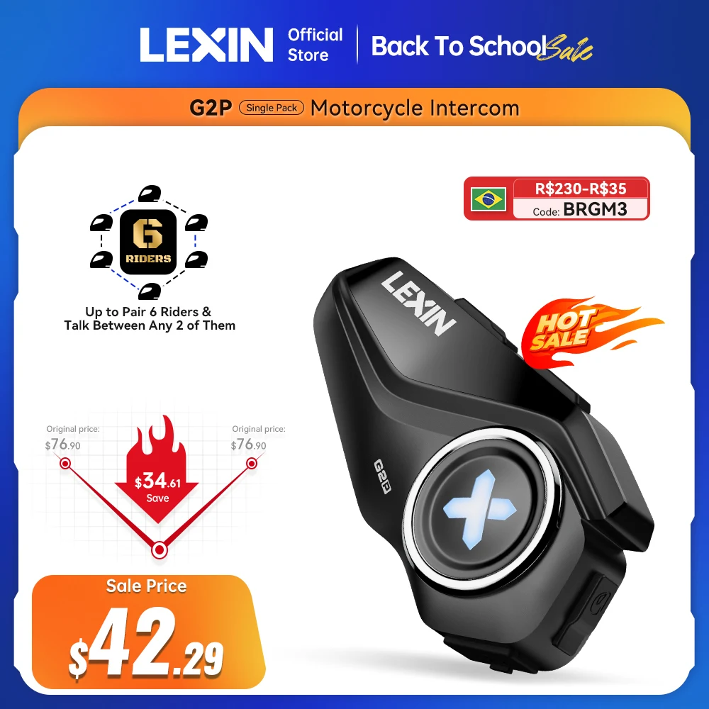Lexin g2p motocicleta interfone capacete fones de ouvido bluetooth, comunicador handsfree até 6 pilotos interfone com rádio fm