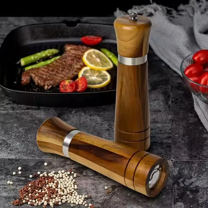 Hot Selling bottle acacia wood manual pepper grinder shakers pepper mill salt and pepper grinder set with base