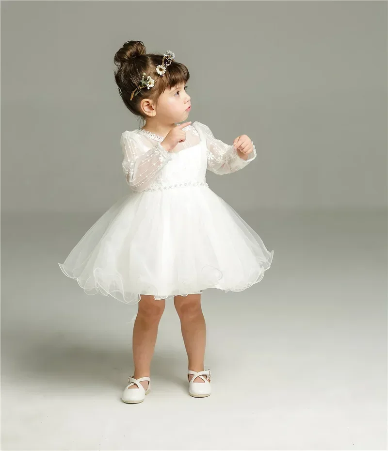 0-24 Months Long Sleeve Baby Girl Dress Infant Toddler Birthday Party Dresses Little Girls White Wedding Baptism Dress 8515