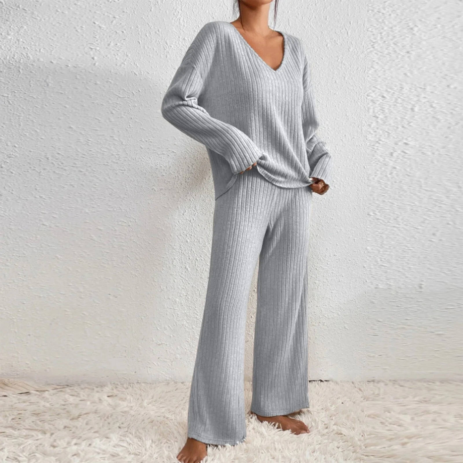 Damen Geripptes Strick-Zweiteiler-Set V-Ausschnitt Langarm-Oberteil Weite Hose Herbst Locker Lässige Loungewear Eleganter Hausanzug – Detail 11
