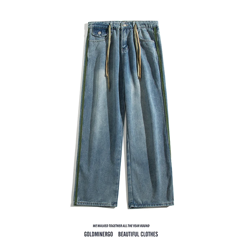 

Модные мужские повседневные джинсы свободного кроя с прямыми штанинами, в полоску, с завязками на талии, весна-осень, удобные, свободного кроя, классический синий деним