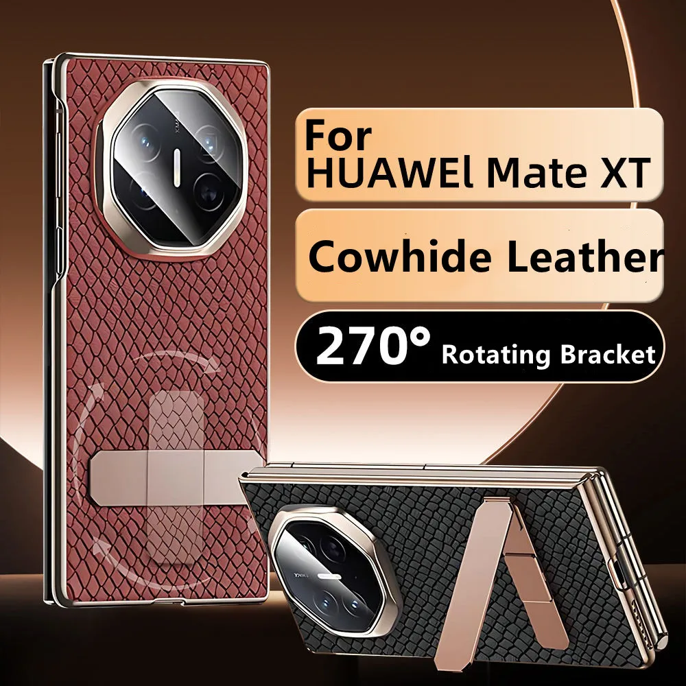 حافظة من جلد البقر الأصلي بنمط الثعبان لهاتف هواوي ميت XT XTs غطاء خلفي بحامل دوار