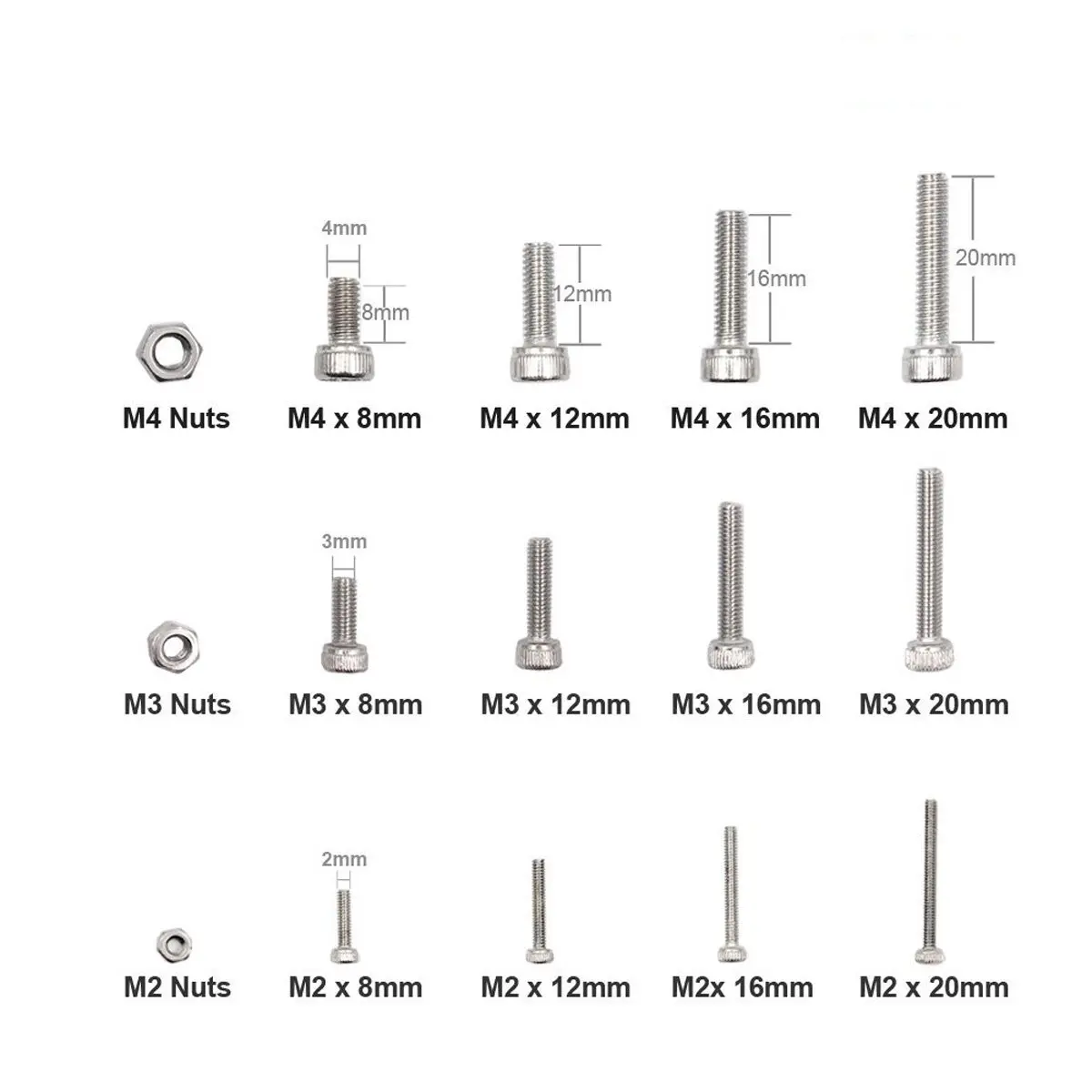 480Pcs 304 Stainless Steel Metric Screws Assortment Kit Socket Head Bolts Nuts M2 Sizes in Plastic Storage Box for Communication
