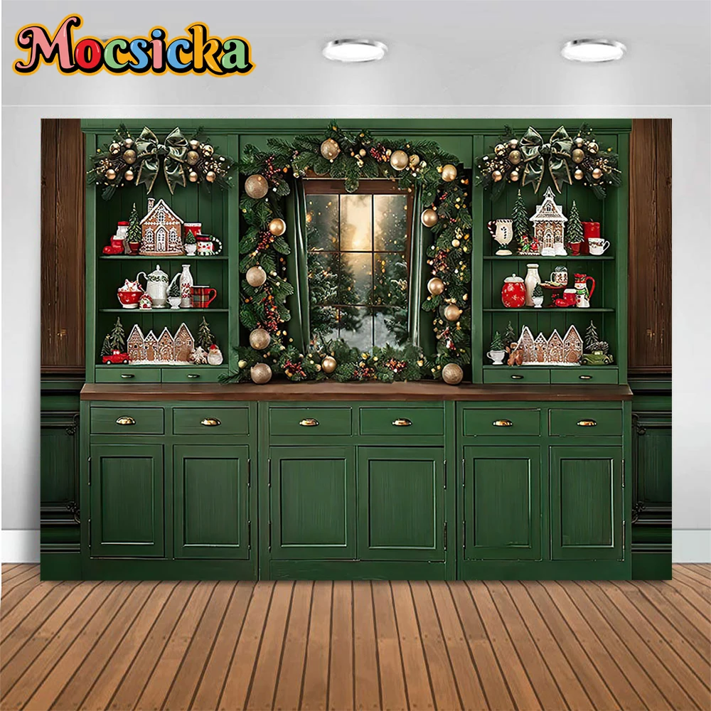 Fondo de gabinete verde Retro para fotografía de Navidad, Fondo de foto de cocina familiar, corona de bola de Navidad dorada, decoración de cabina de ventana