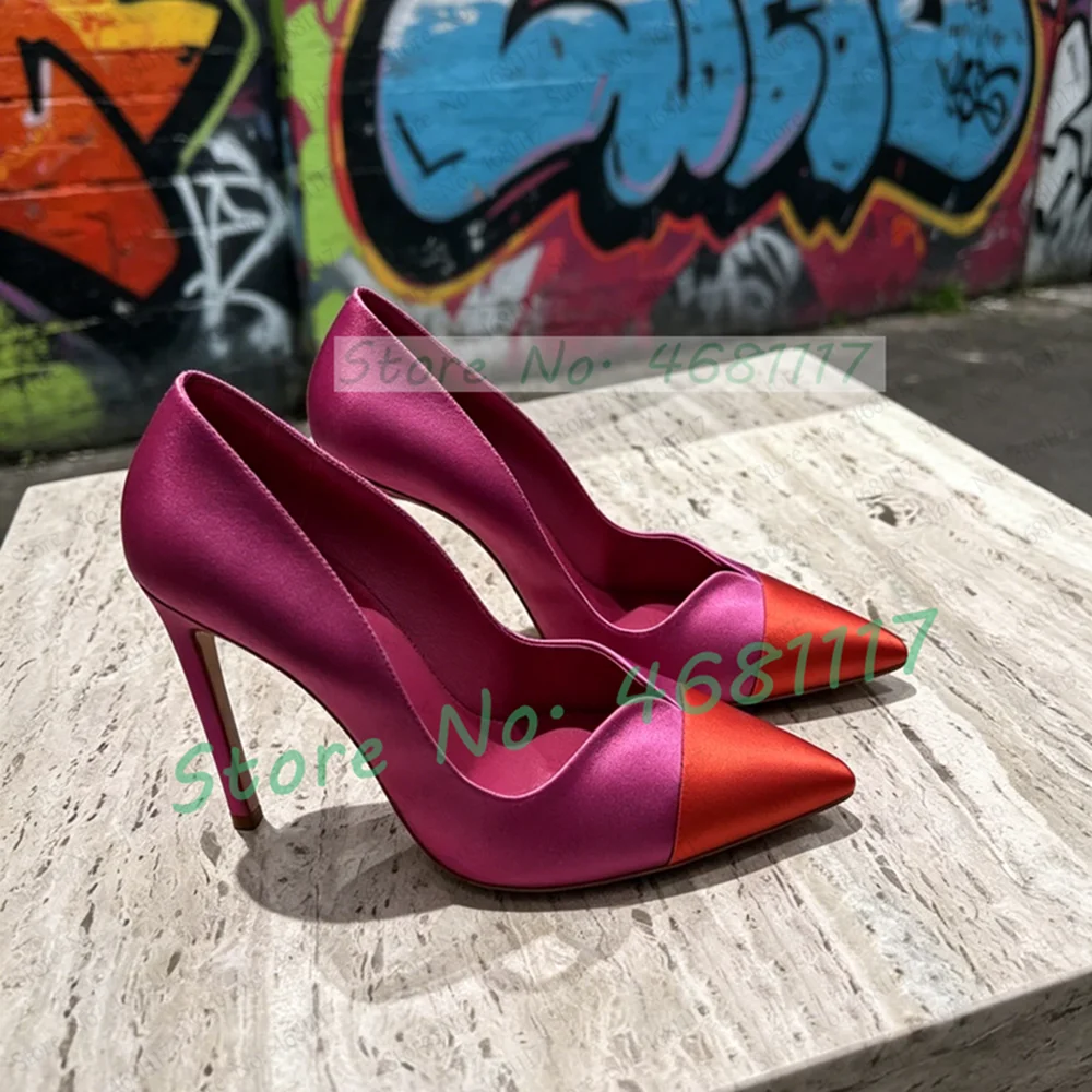 Rose Red Satin Pumps With Red Pointed Toe Women Sexy Wavy Edge Design High Heels Ladies Nifty Large Size Party Stiletto Shoes view 4