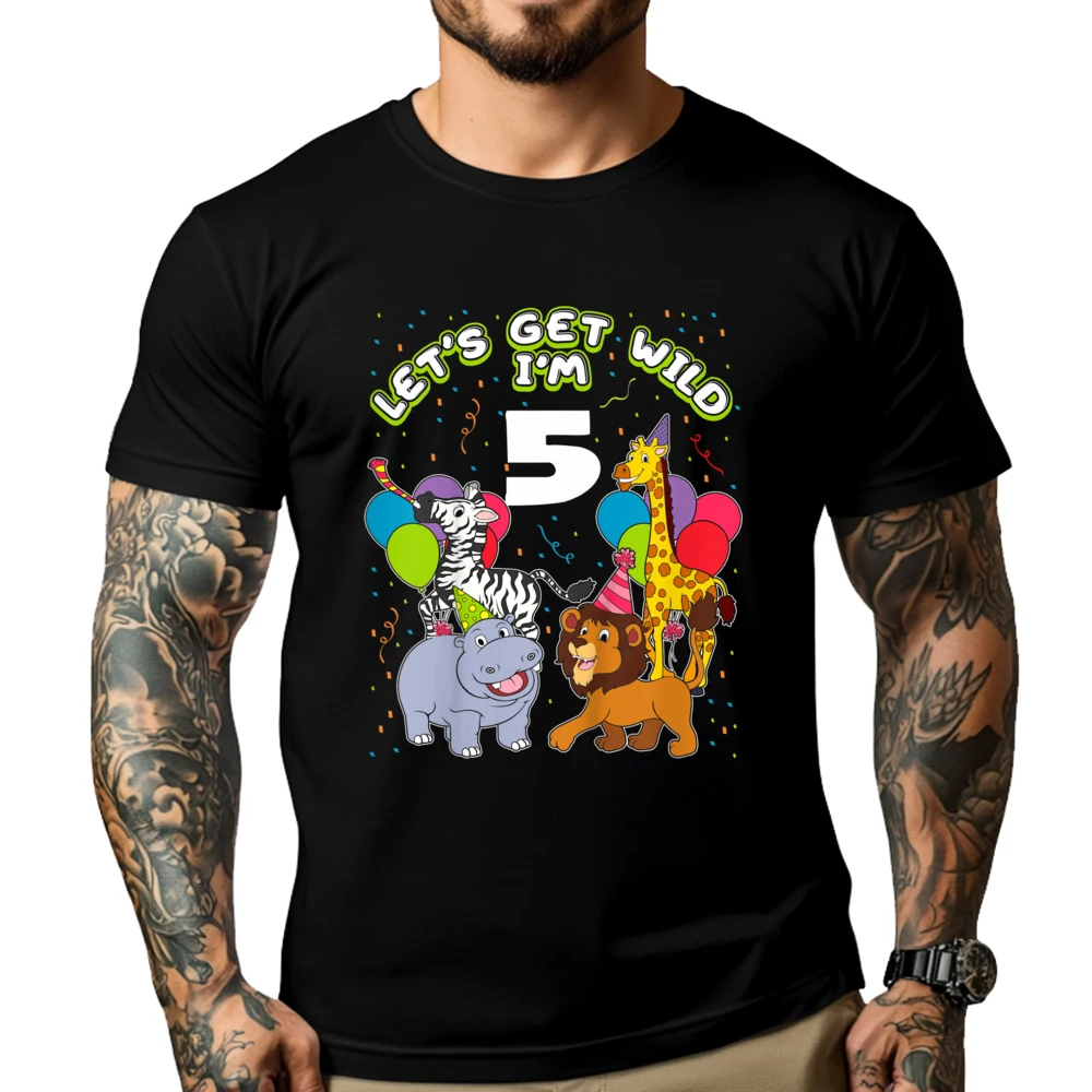 

Kids Safari Birthday 5 Zoo Animals Lets Get Wild I M 5 Party Street Wear T Shirt Men's Clothing Korean