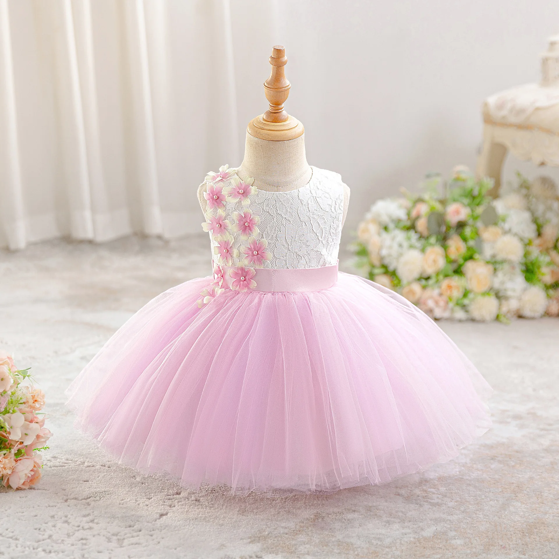Toddler Flower Party Baby Girls Dress Elegant Baptism 1st Birthday Princess Dress Girl Bow Banquet Wedding Bridesmaids Prom Gown