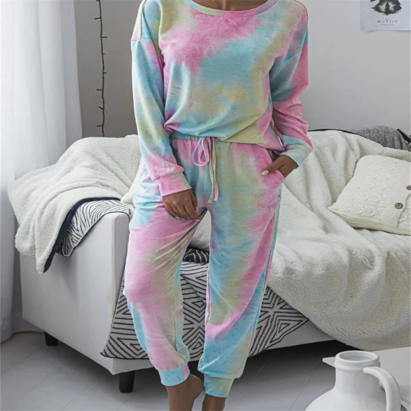 Women\'s Pajamas Spring Fall Tie-Dye Print O-Neck Casual Comfortable Loose Fit Wearable Long Sleeve Ladies Floral Homewear
