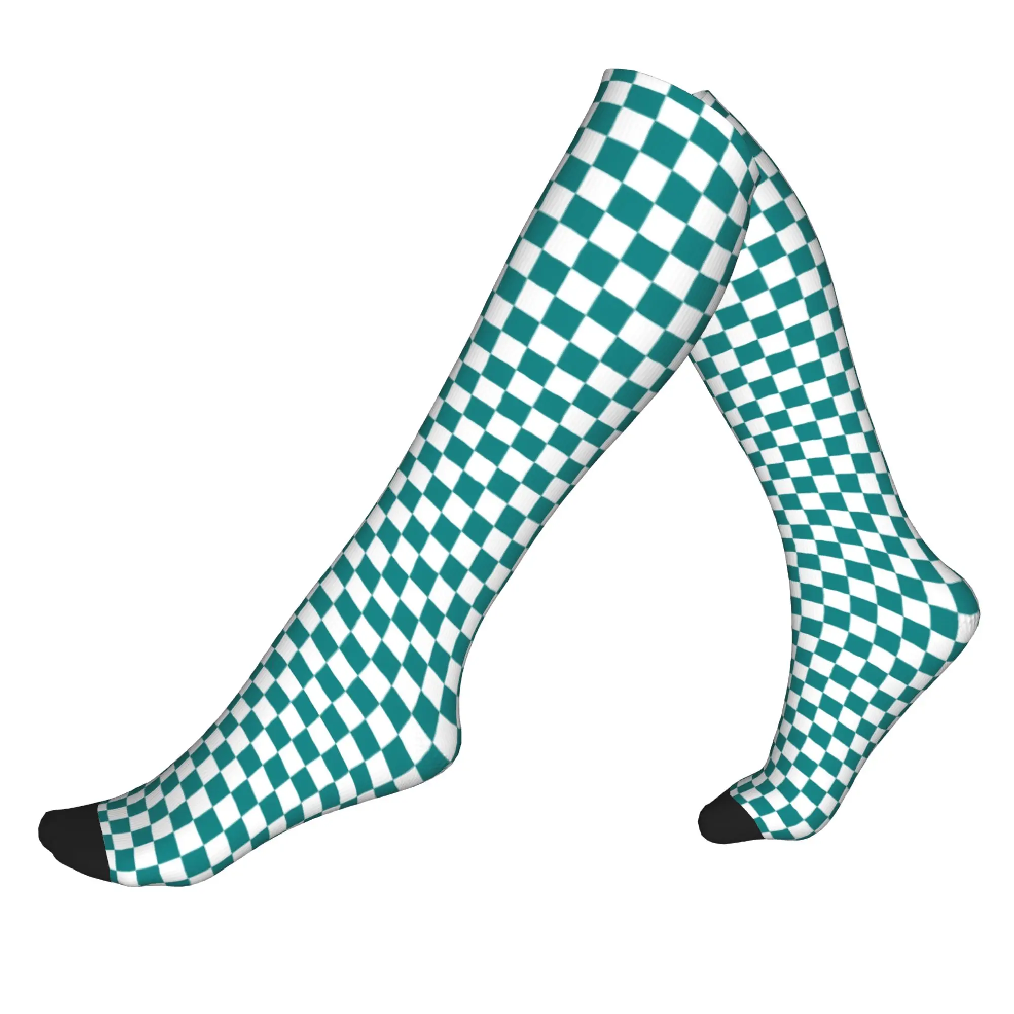 

White and Teal Green Checkerboard Plaid Men's Sports Compression Socks Unisex Funny Spring Summer Autumn Winter Dress Socks