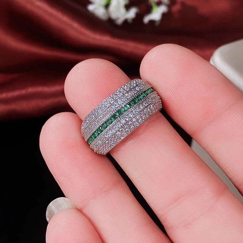 Huitan Gorgeous Promise Rings Women for Party Full Brilliant CZ Green Finger Accessories Anniversary Gift New Trendy Jewelry