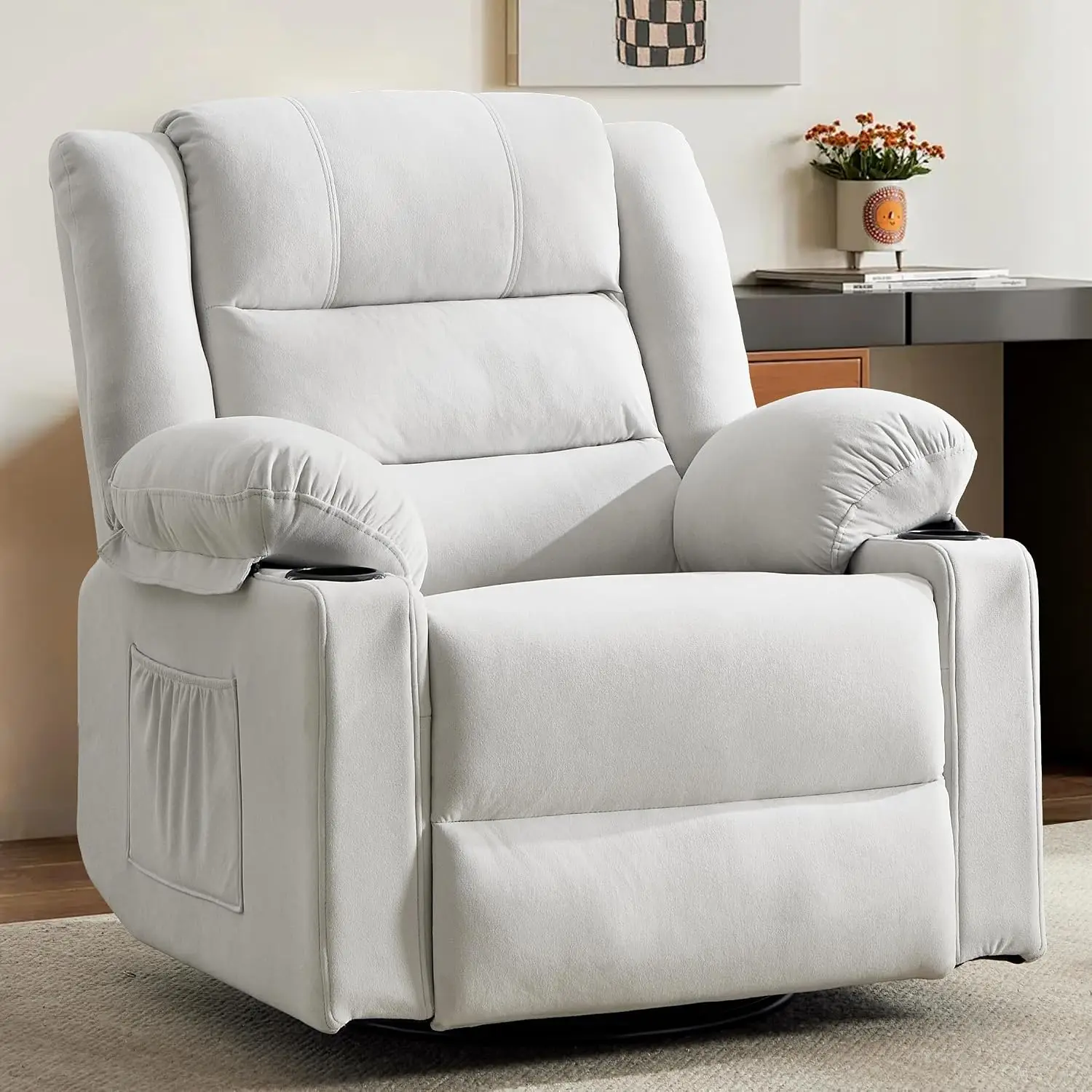 360° Swivel Rocker Recliner with Massage & Heat, Manual Glider with Cup Holders for Living Room Bedroom, Beige, Customized