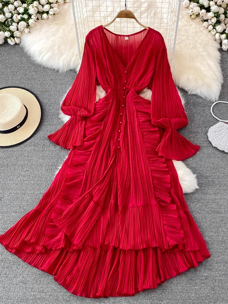 2024 Autumn New Holiday Style Ankle Length Long Dresses Women Sexy V Neck Puff Sleeve Lace Elegant Evening Party Summer Dress