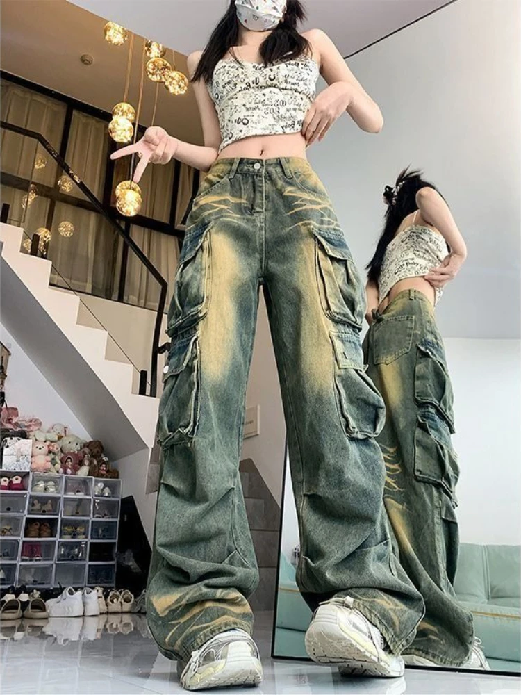 

American Vintage Jeans Pockets Pleated Tie Dye High Waist Cargo Pants Y2k Streetwear Harajuku Design All Match Women's Clothing