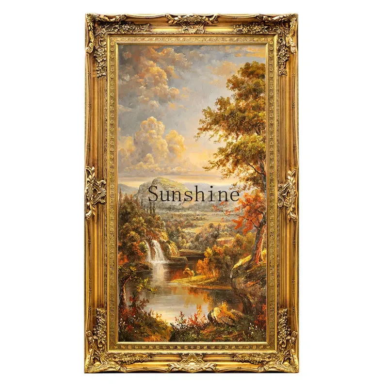 European hand-painted retro living room vertical oil painting village decoration entrance landscape hanging painting