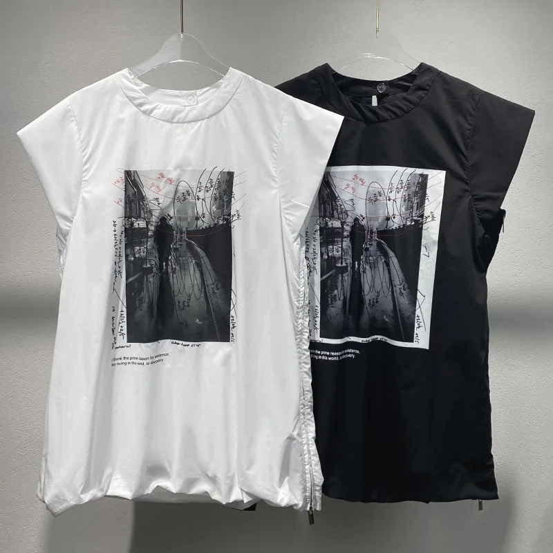 Niche 2025 spring and summer new white printed round neck loose sleeveless T-shirt woman y2k clothes