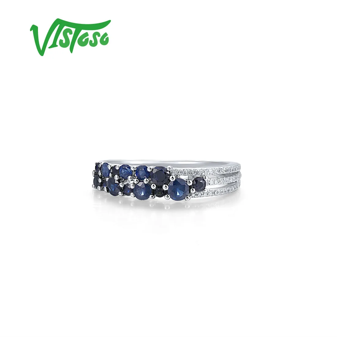 VISTOSO Genuine 9K 375 White Gold Ring For Women Sparkling Diamond Blue Sapphire Promise Band Anniversary Trendy Fine Jewelry