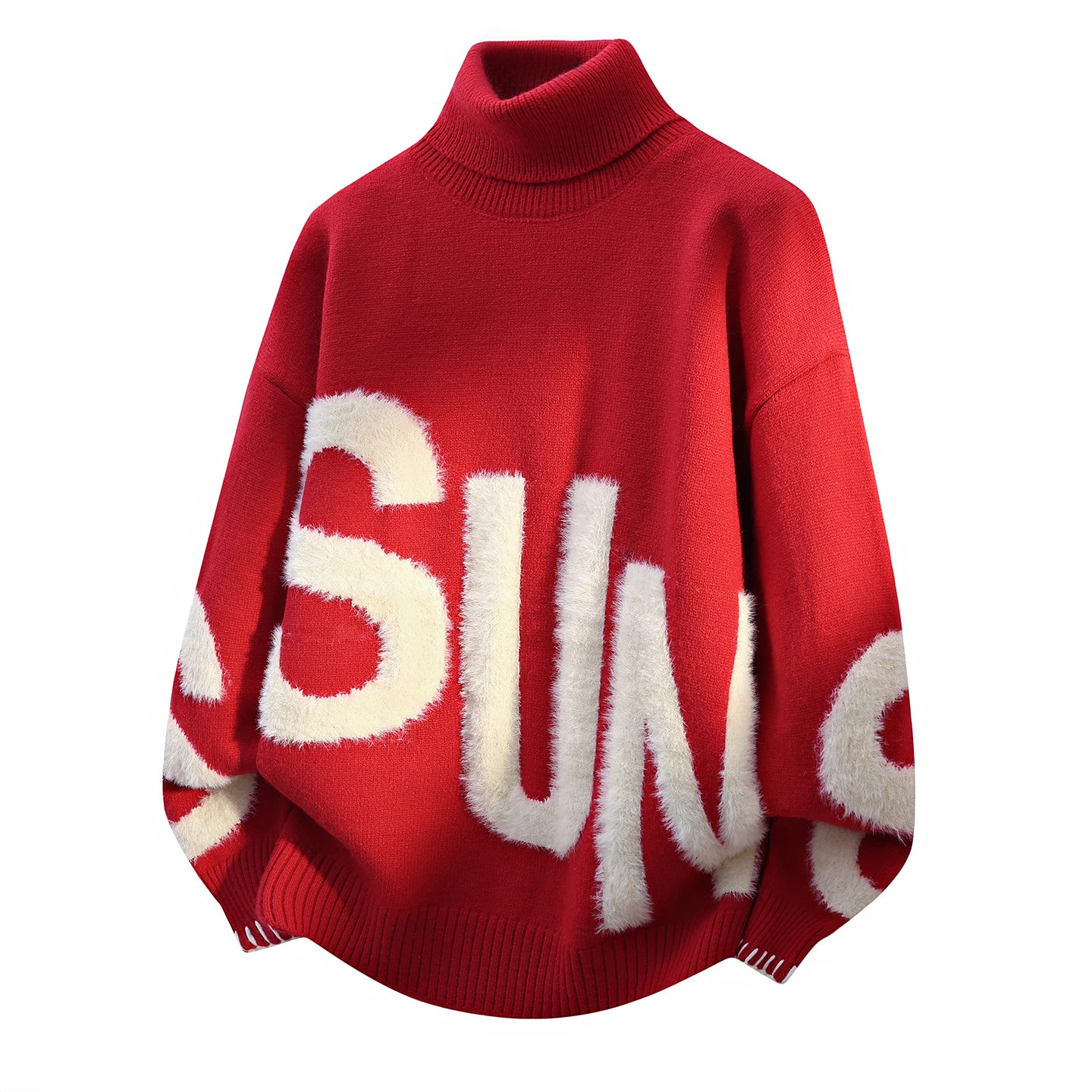 

Thiened High Collar Sweater Men's Red Knitted Casual Winter Leisure Faion Brand Hong Kong Sle Loose Fit Comfortable Nec...