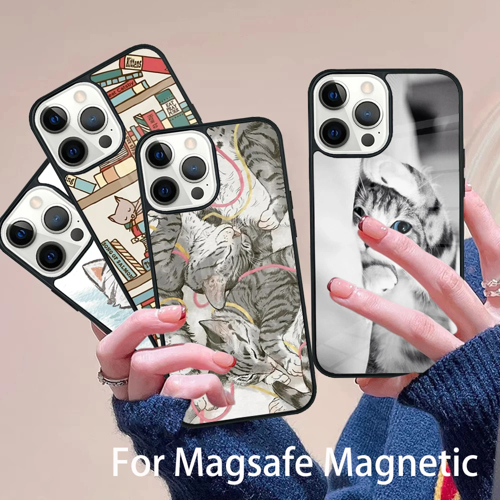 

Cute Cat Kitten Phone Case Magesafe Magnetic Wireless Charge Cover For IPhone 16 11 12 13 14 15 Pro Max Plus Mini