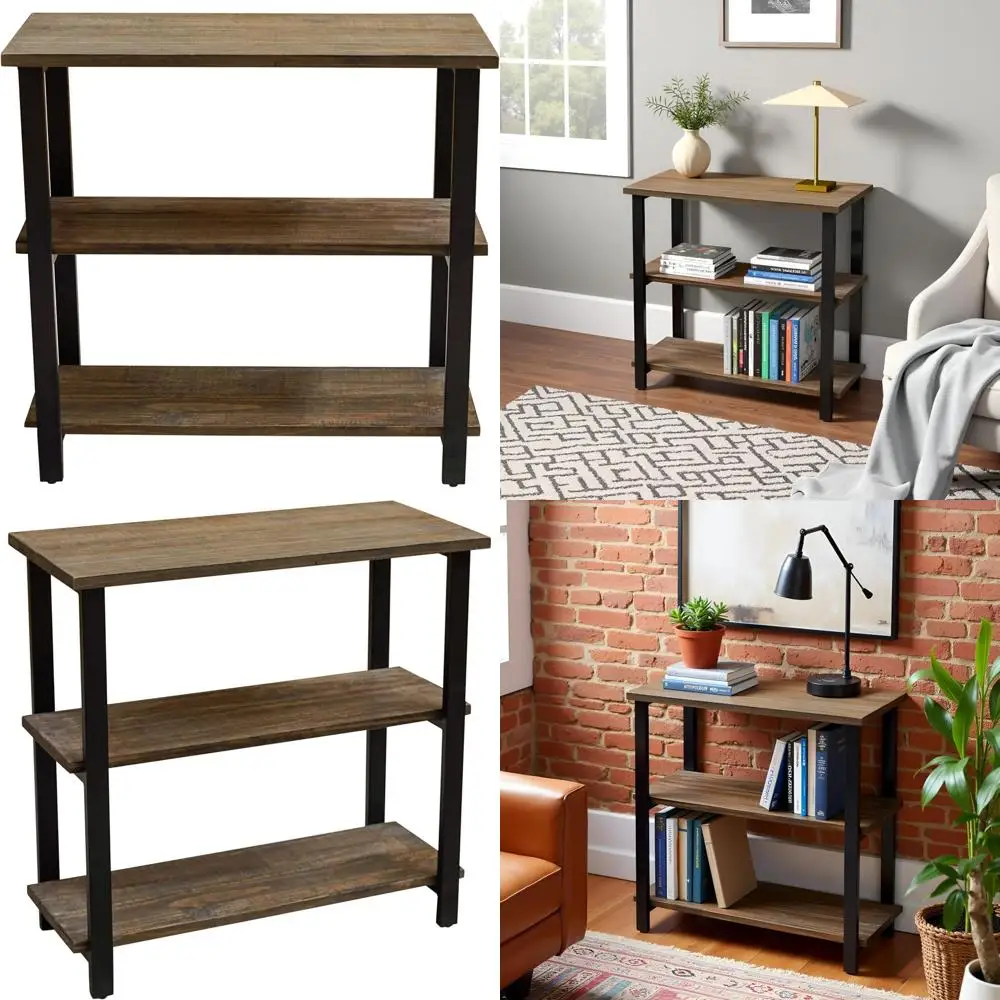 

Rustic Brown 3-Tier Solid Wood Window Bookshelf with Metal Accents - Industrial Style Living Room Furniture