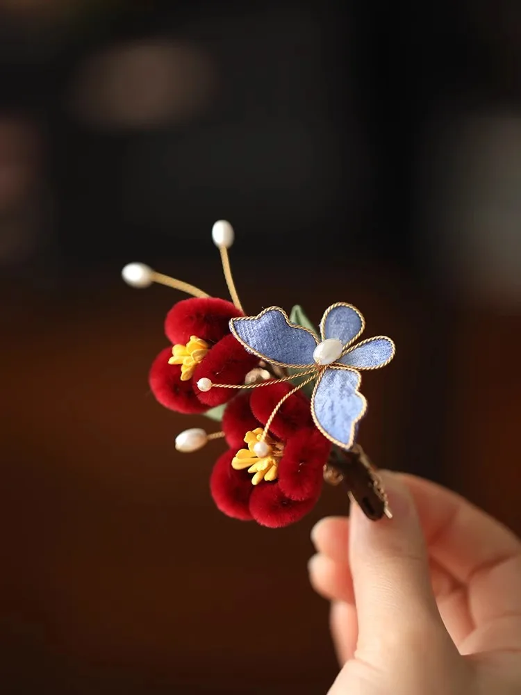 FXLRY Original Handmade Pearl Red Camellia Butterfly Hanfu Hairpin For Women Clip