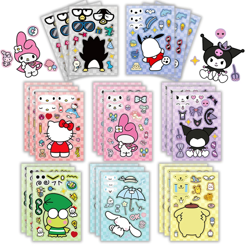 Sanrio 8 Sheets Mix Children Puzzle Anime Stickers Kuromi Hello Kitty Make a Face Assemble Game Decal Assemble Jigsaw Girl Toy