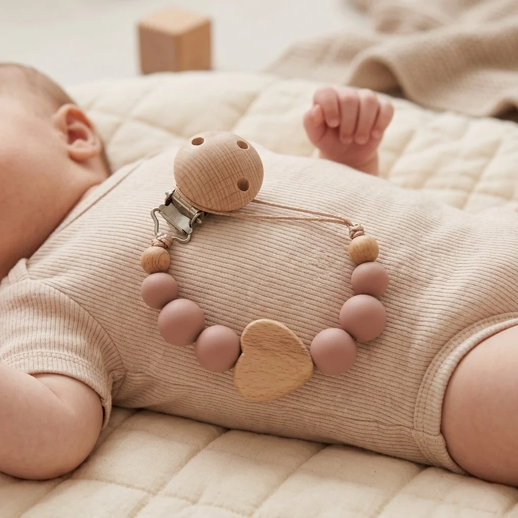 Baby DIY Custom Hebrew Name Pacifier Brown Heart Beads Personalized Pastel Holder Newborn Baby Shower Gift Hebrew Letter Gift