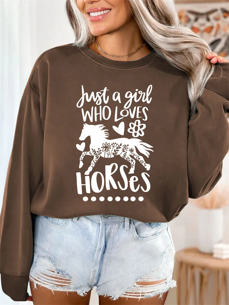 New autumn and winter cotton women's wear just a girl who loves horses vintage crew-neck sports long-sleeved hoodie