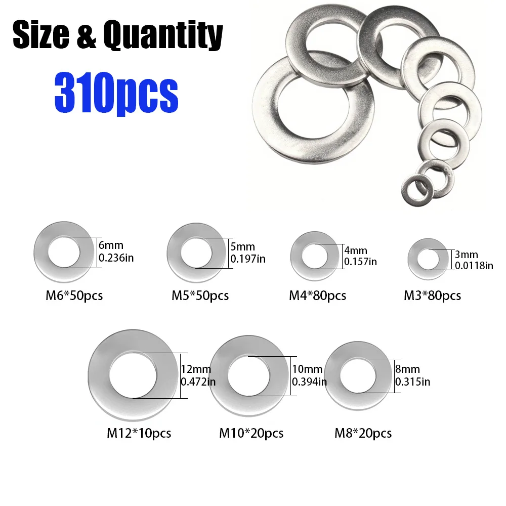 310-Piece Set of M3, M4, M5, M6, M8, M10, and M12 Stainless Steel Flat Washers for Home, Shop, and Outdoor Building Maintenance.