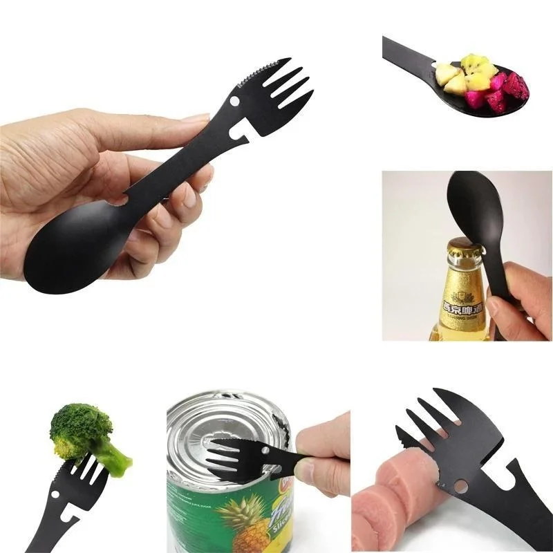 5-in-1 Utility Tactical Spork, Stainless Steel Spoon & Bottle Opener, Fork & Knife, Can Opener Combo Camping Utensil for Hiking