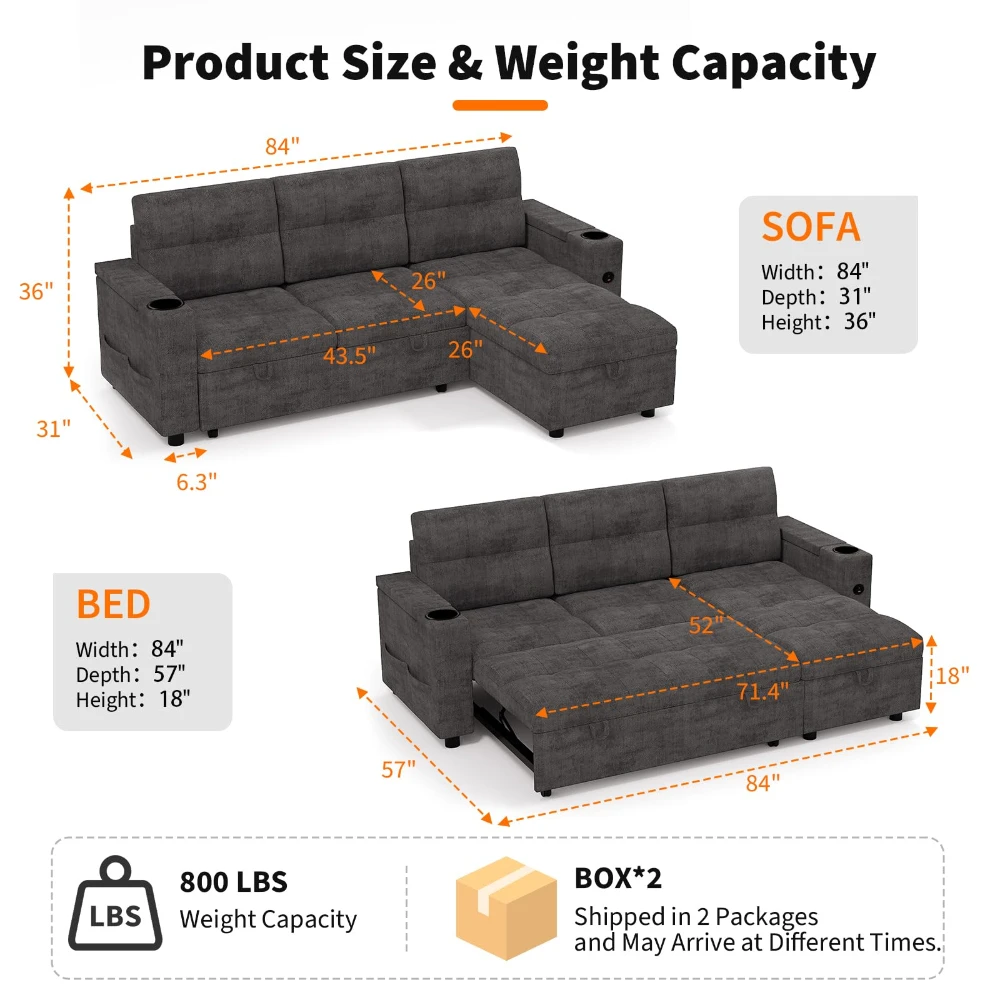 #￥Custom Corner FabricL-Shaped Sectional Sleeper Velvet Sofa with Pull Out Bed Reversible Storage Chaise Hidden Storage Armrests