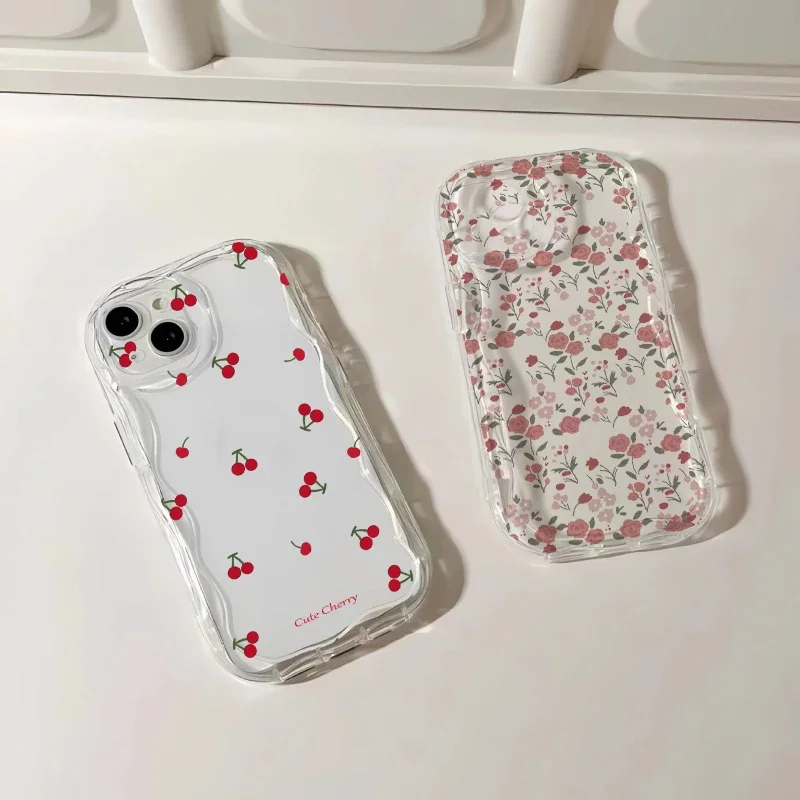 Funda de teléfono para IPhone 15 Pro Max 14 11 12 13 Mini XR 6s 6 8 7 Plus X XS SE 2020 2022, bonita funda transparente con borde ondulado y flor de cerezo
