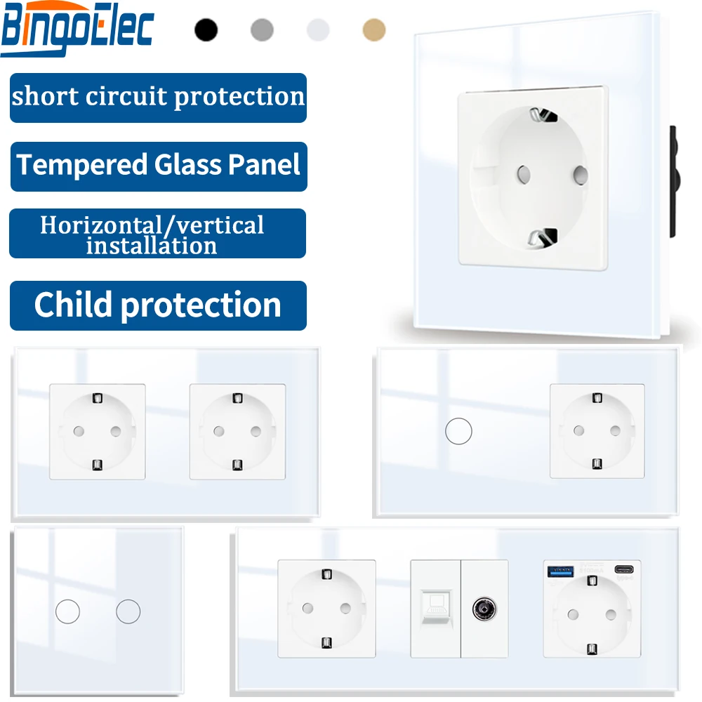 

Bingoelec двойная фотография-C ЕС розетка сенсорный переключатель CAT6 RJ45 TV Socketes механические кнопки переключатели белое стекло
