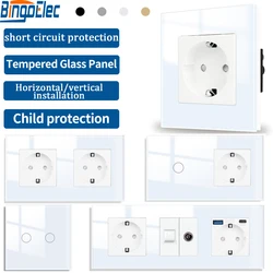 Bingoelec Double USB Socket Type-C EU Socket Sensor Touch Switch CAT6 RJ45 TV Socketes Mechanical Button Switches White Glass