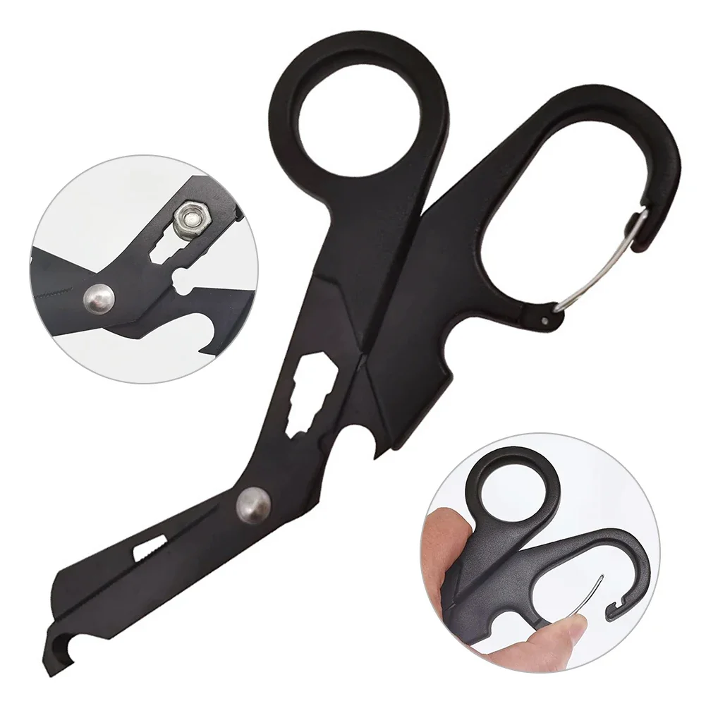 1pc Black Rescue Scissors Serrated Design Comfortable Handling Stitch Removal Stainless Steel+ABS Camping Supplies