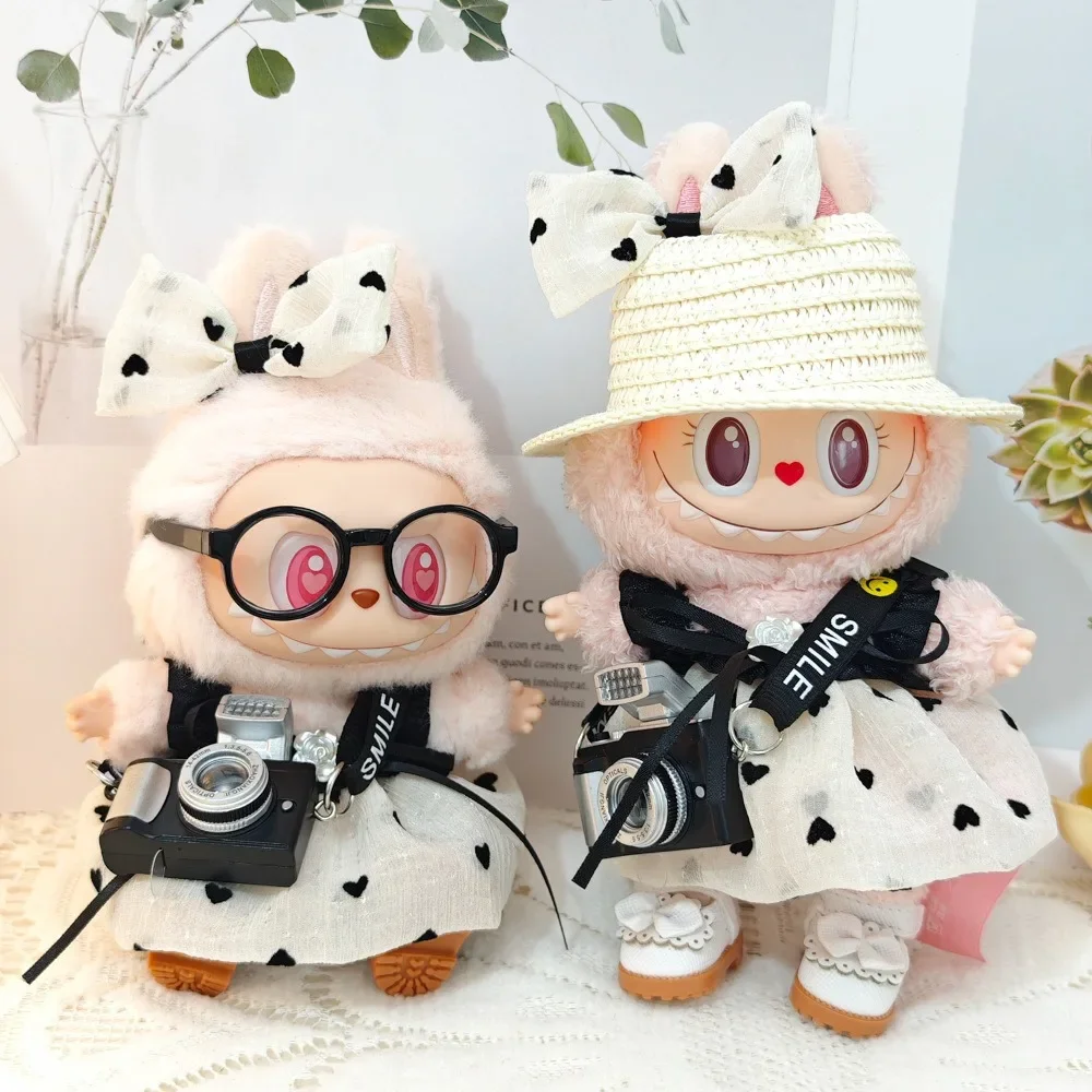 For 17cm Labubu Stylish Doll Accessories Black & white Classic Dress with Camera Hat Pendant  Labubu Designer Ropa Labubu