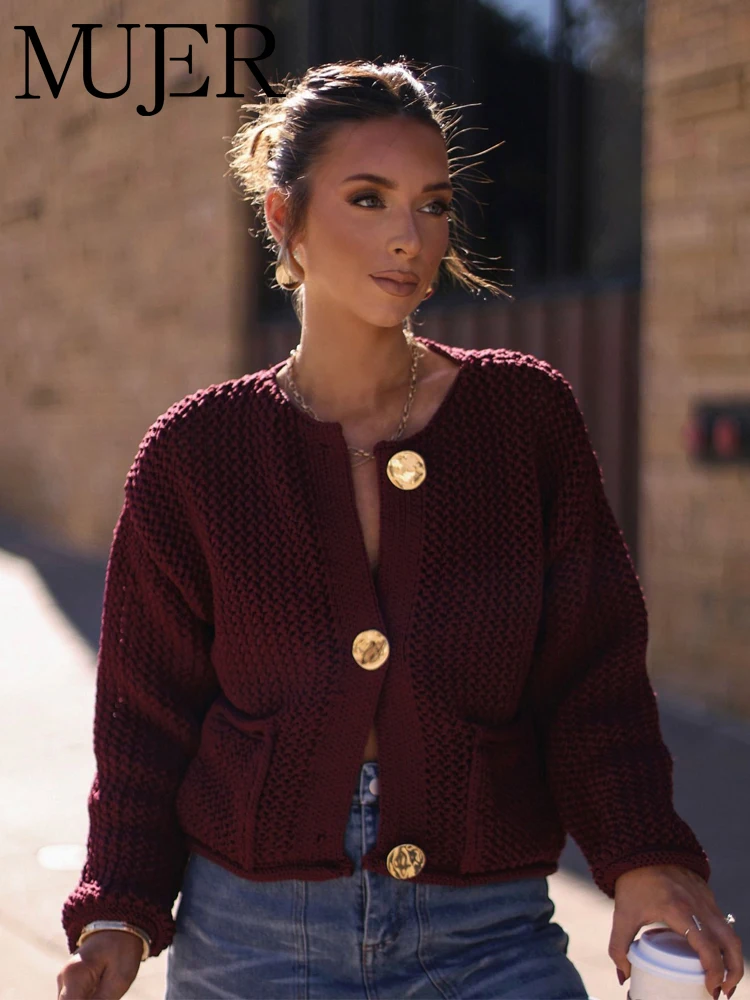 MUJER 2025 Chaqueta corta para mujer, suéteres cortos de punto para mujer, cárdigans de punto de manga larga, prendas de punto con botones de otoño para mujer