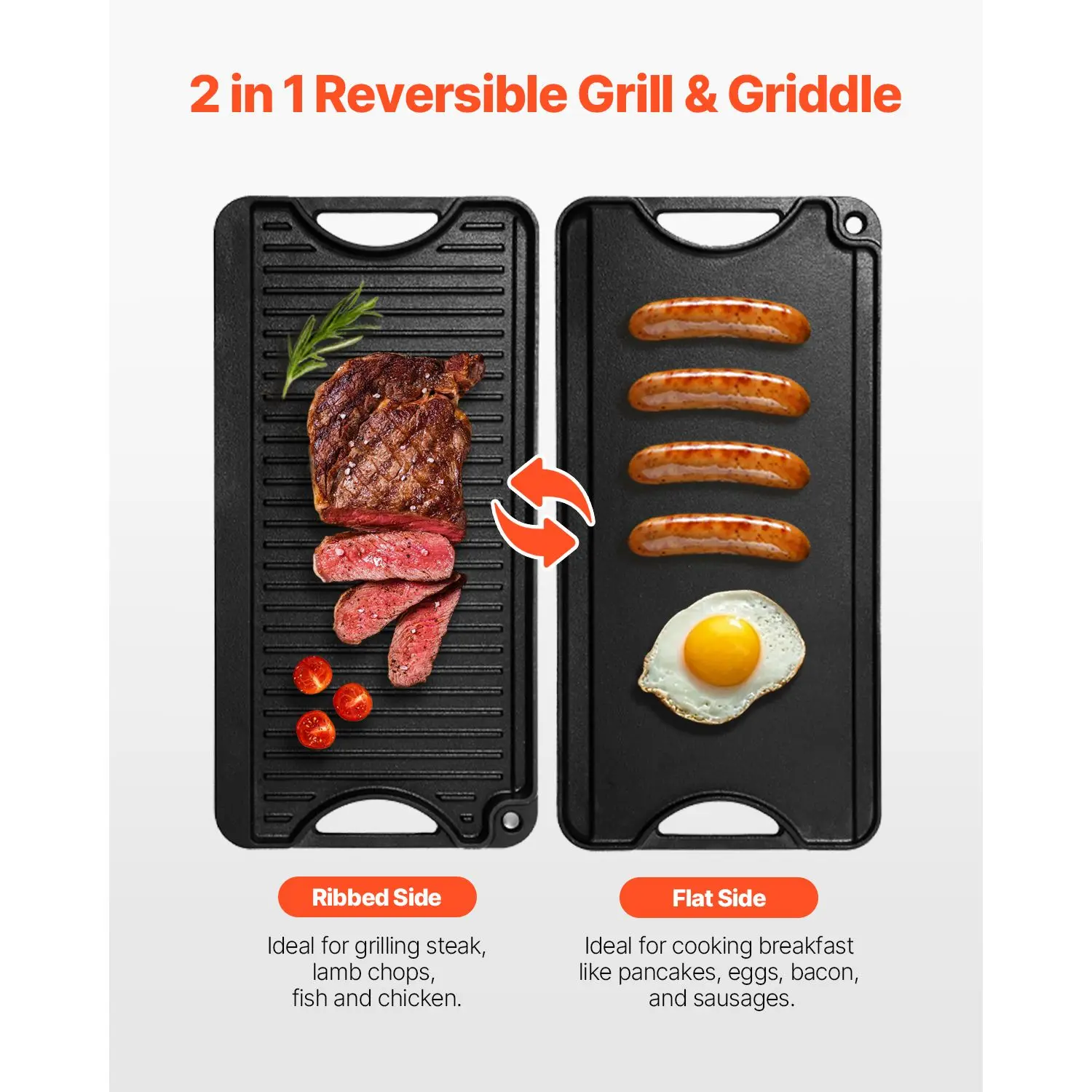 Reversible Grill/Griddle, 20X10 Inch Pre-Seasoned Cast Iron Griddle, Portable Rectangular Pan with Handle, Family Cookware for