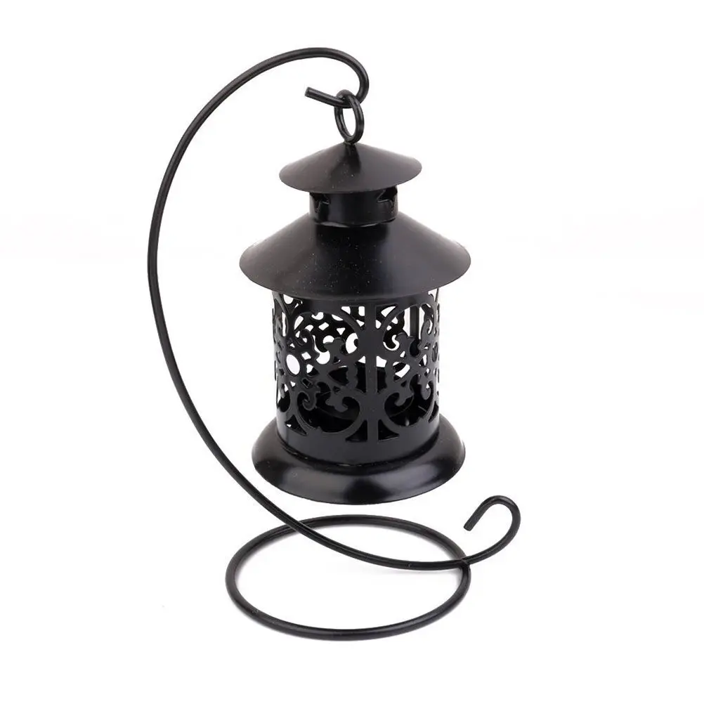 European Moroccan Style Retro Iron Art Candlestick Black Elegant Hanging Holder Tea Light Stand Bedroom Wedding Decor