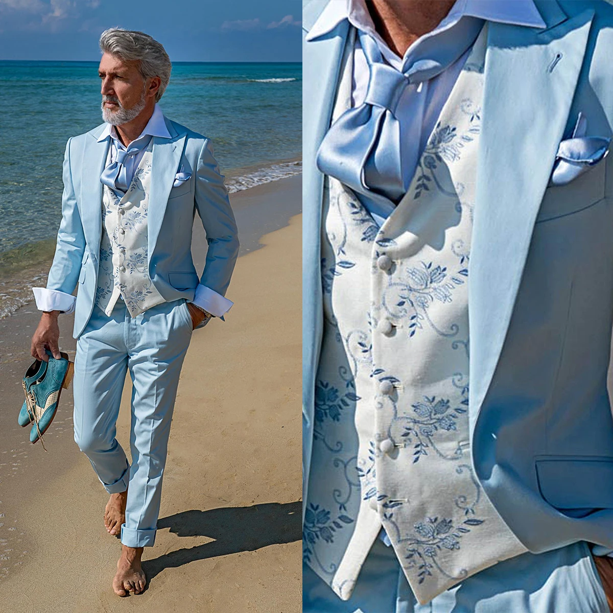 

Beach Sky Blue Groom Wedding Tuxedos Customized Holiday Mens Jacket Pants Sets 2 Pieces Birthday Party Homecoming Business Wear