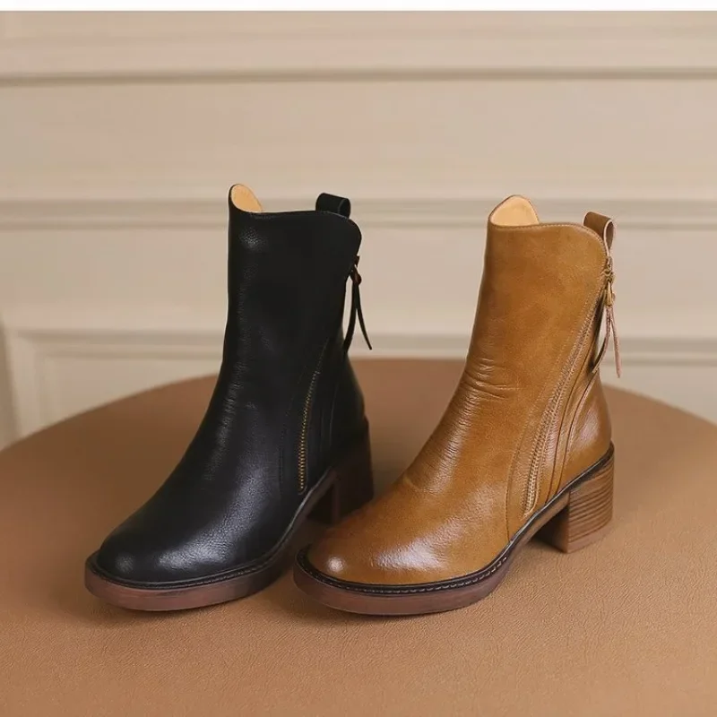 

Retro Style Mid Tube Side Zippered Boots, New Autumn 2024 Thick Heeled Women's Boots Zapatos De Mujer