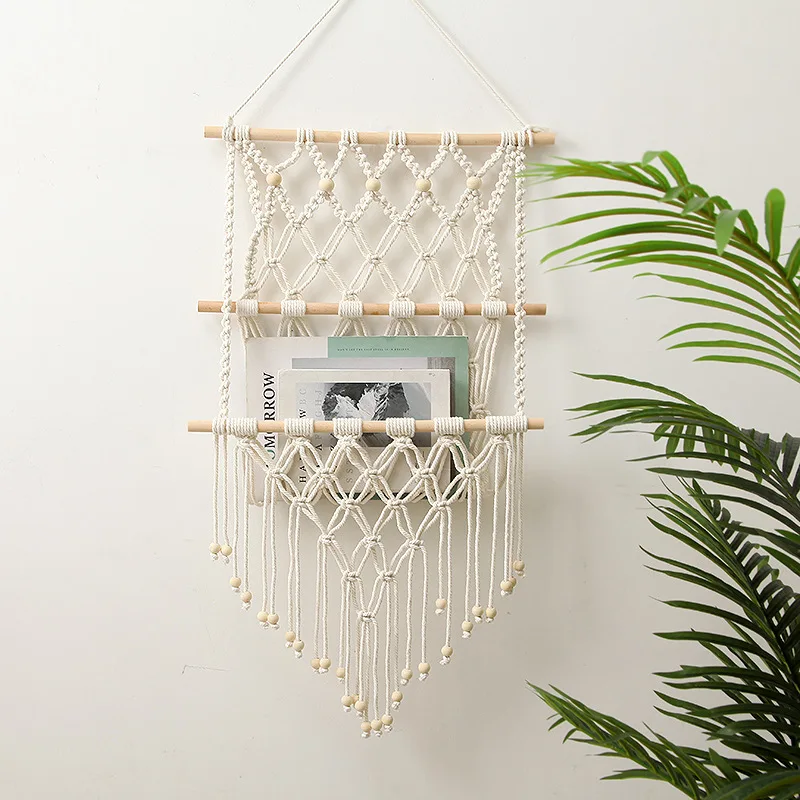Woven Tapestry Tassel Storage Rack, Books, Magazines, Net Pocket Rack, Cotton Rope Woven Wall Decoration