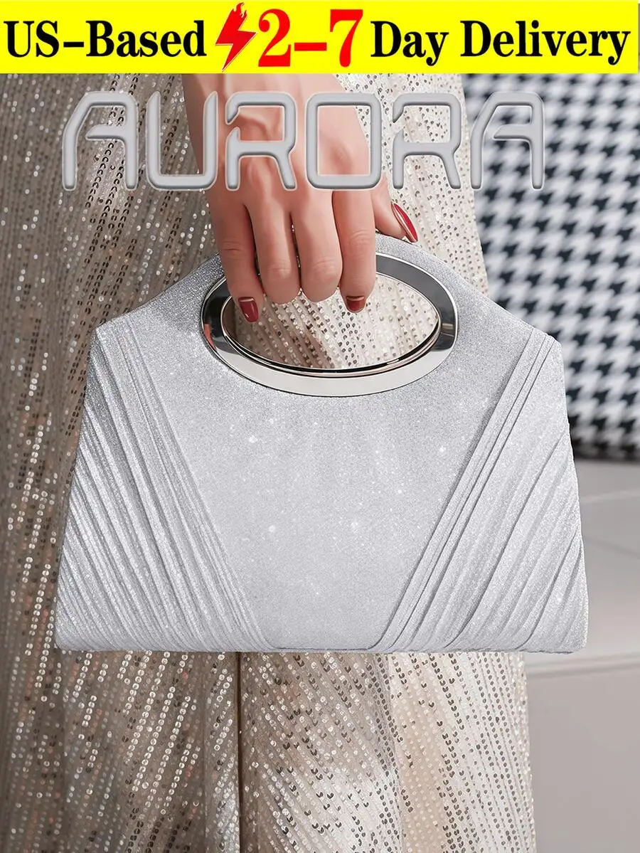 

Glitter Pleated Clutch Bag With Oval Metal Handle Evening Party Bag For Women