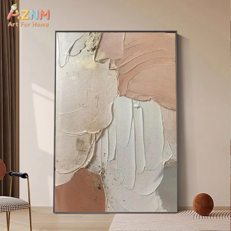 AZNM Abstract 3D Texture Wall Art Canvas Print Unframed Neutral Beige Pink Thick Impasto Oil Painting Modern Wabi Sabi Home Deco