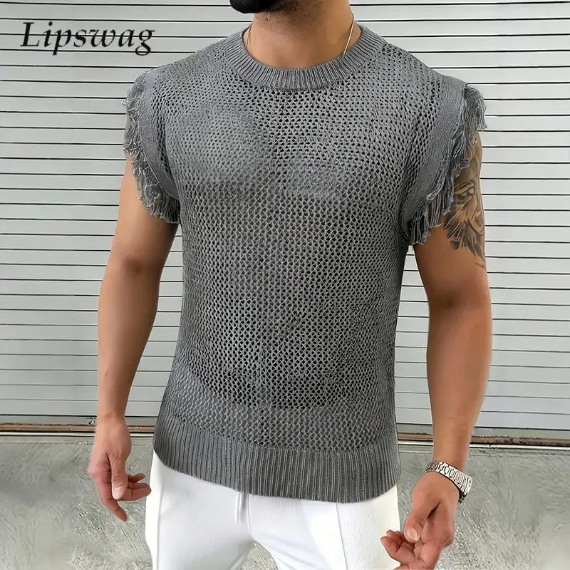 Vintage Hollow Out Knit Mens Vest Trendy Jacquard Sleeveless Tank Tops Summer Casual Loose Pure Color Knitting Men Camisole